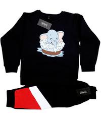 Infant Black Herringbone Fleece Tracksuit with Cut Panel Trouser